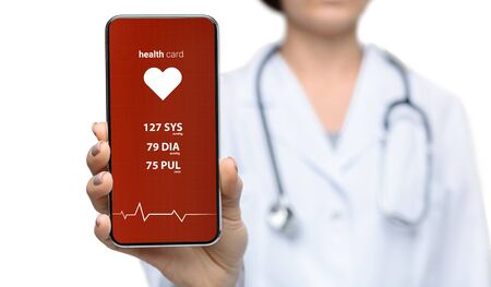 Collage of female doctor showing smartphome with health app and body vitals on screen against white background, copy space. Panoramaの写真素材