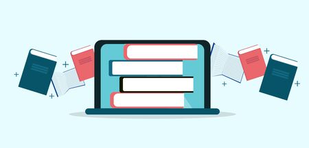 Illustrative image, books flying into laptop, e-book concept, panoramaのイラスト素材