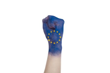 Clenched Human Fist With Painted EU Europe Union Flag Isolated On White Backgroundの写真素材
