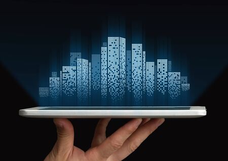 Modern Architecture. Male Hand Holding Tablet With Futuristic City Hologram Model On Black...