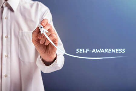 Self Awareness. Unrecognizable Businessman Drawing Arrow Up Symbolizing Personal Growth Over Gray Background. Collage, Croppedの写真素材