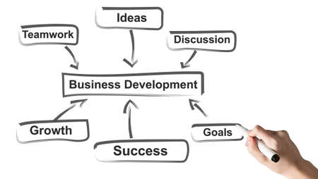 Business Development Concept. Female Hand Drawing Scheme Of Corporate Developing Over White Background. Collage, Panoramaの写真素材