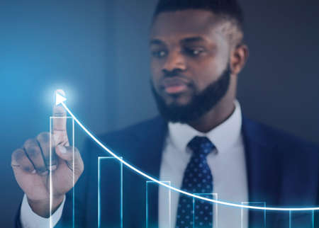 Businessman Drawing Business Growth Scheme On Transparent Screen On Blue Background, Collage