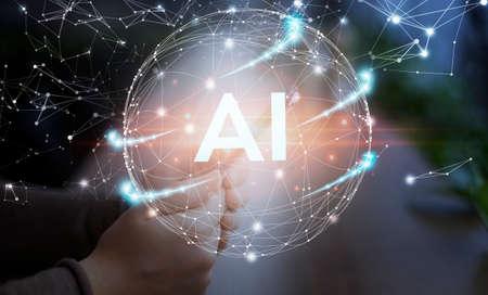 Modern technologies in daily life and business. Globe with AI lettering over unrecognizable person...