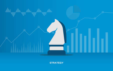 Business Strategy. Illustration Of Chess Knight Piece With Diagrams And Data Graphs On Blue Background. Vectorのイラスト素材