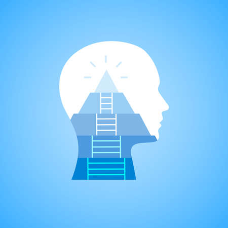 Career Mindset And Self-Growth. Illustration Of Human Head With Ladder Leading To The Top Of Mountain Over Blue Background. Vectorのイラスト素材