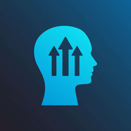 Self-Growth Mindset Concept. Illustration Of Human Head With Arrows Pointing Upwards Over Blue Background. Vectorのイラスト素材