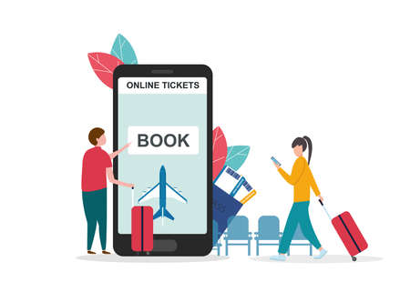 Online Tickets And Travel Concept. Vector illustration of people and cell phone with booking web site on screenのイラスト素材