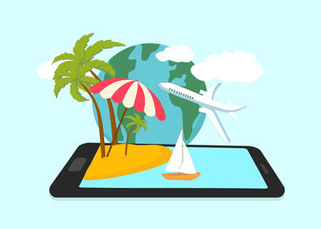 Booking App. Summer beach elements on a mobile touch screen smartphone with earth and plane in backgroundのイラスト素材