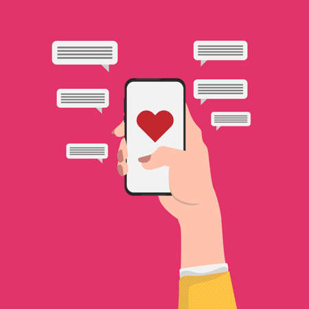 Dating App. Female Hand Using Phone Chatting Online With Virtual Boyfriend Over Pink Background. Illustrationのイラスト素材
