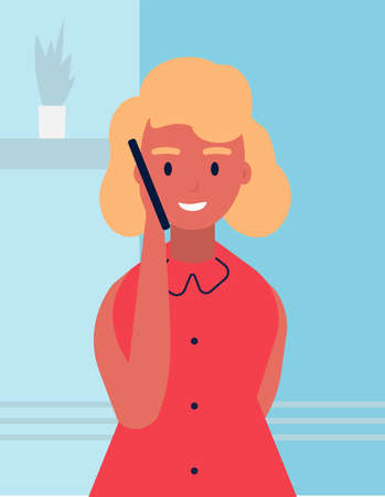 Vector illustration of happy woman talking on phone, home interiorのイラスト素材