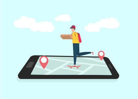 Delivery trecking concept. Pizza delivery guy riding skateboard by map on smartphone screen,...