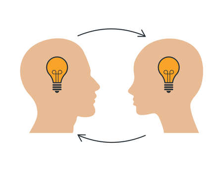 Teamwork And Ideas exchange. Two human head silhouettes with light bulbs inside and arrows, sharing...