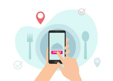 Hands using food order application on smartphone, tap on app icon, illustrationのイラスト素材