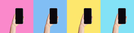 Collage with female hands holding mobile phones with empty screens over color background, space for...