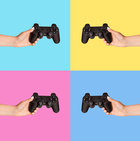 Collage with young ladies holding gaming controllers over colorful backgroundの写真素材