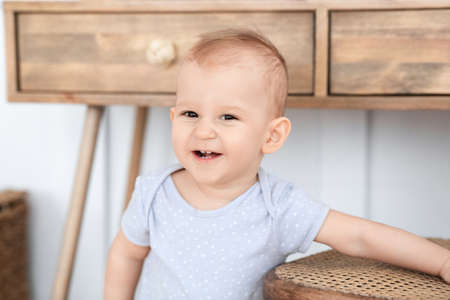 Baby Portrait. Adorable Smiling Toddler Boy Posing At Home, Looking At Camera, Closeup Shot With Free Spaceの写真素材