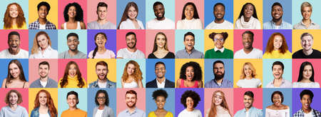 Happy Generation. Collage Of Smiling People Faces On Bright Colored Studio Backgrounds. Panorama