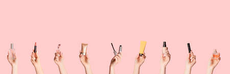 Collage with female hands showing different makeup products over pink background, copy space....