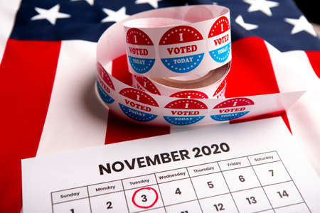 Democracy presidential elections in the USA 2020. Red circle on date 3 of November, copy spaceの写真素材