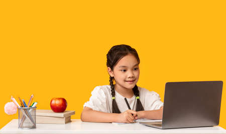 Adorable Japanese Elementary Student Girl Doing Homework At Laptop Computer Sitting On Yellow Background. Studio Shot, Free Spaceの写真素材