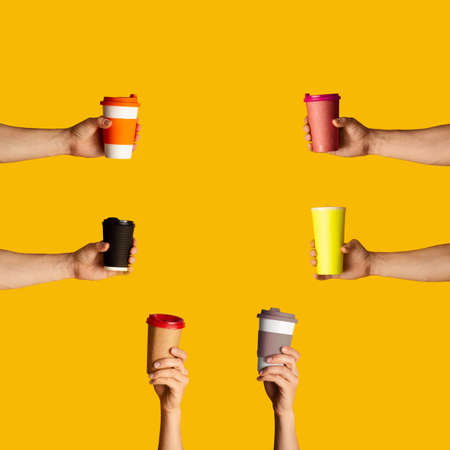 Male hands showing disposable and reusable cups with beverages on orange background, blank space. Collageの写真素材