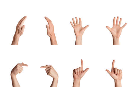 Collage with multitude of male hands showing variety of sign language gestures, isolated on white backgroundの写真素材