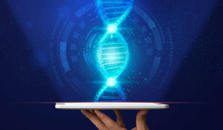 Decoding human genome. Male hand holding tablet computer with DNA helix emerging out of screen, collage. Panoramaの写真素材