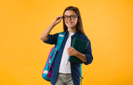 Education Concept. Portrait of smiling casual schoolgirl touching glasses, holding book, standing...