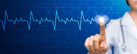 Banner with unrecognizable female doctor pressing heart icon over invisible screen, collage with...