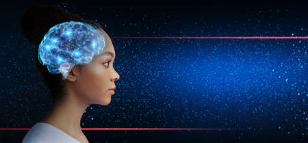 Light up your mind. Intelligent asian girl with illuminated brain looking at free space over galaxy...
