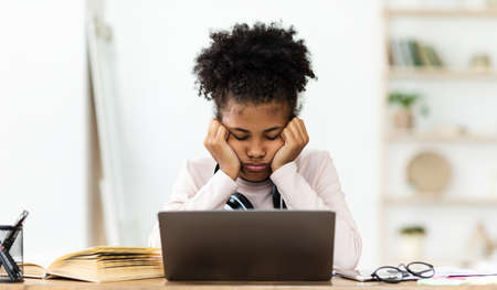 Tired Teenager Girl Sleeping Sitting At Laptop Bored Of Home Education Indoors. Internet Fatigue...