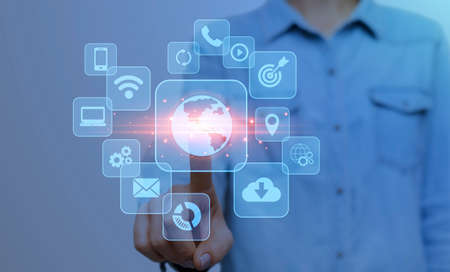 Digital Marketing. Unrecognizable Woman Pushing Button On Virtual Screen With Various Web Icons,...