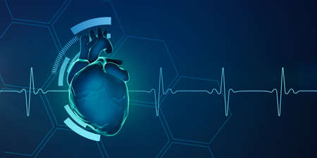 Medical Science. Illustration of human heart on dark blue background with cardio pulse line, banner
