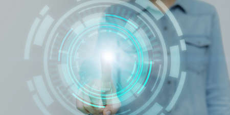 Connection. Closeup of woman pressing virtual display with finger, banner, panoramaの写真素材