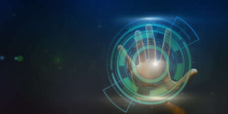 Technology Of Future. Closeup of hand with open palm touching virtual panel, banner, panorama,...