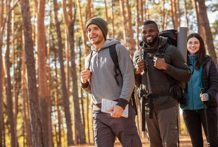 Three cheerful multiracial friends hiking by forest, going towards free space, side view