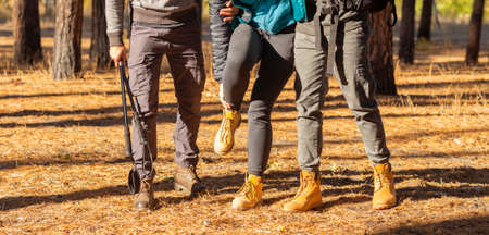Cropped of three hikers having trouble, lady hurt her feet, guys supporting girlfriend, panorama