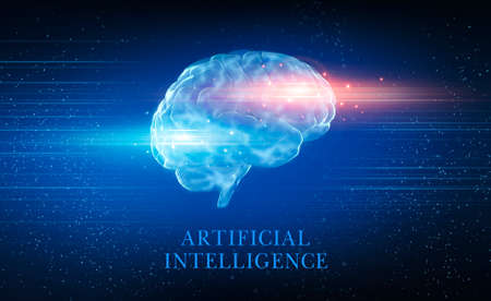 3D illustration For Artificial Antelligence AI Concept. Hologram of human brain with neural networks...
