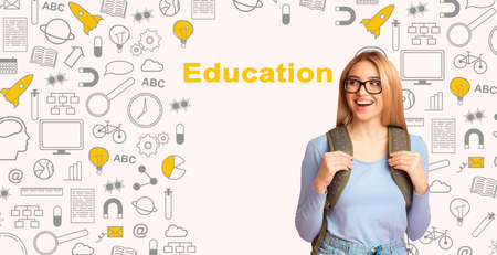 Education. Happy Student Girl With Backpack Posing Standing Over White Background. Collage With Icons And Text, Panoramaの写真素材