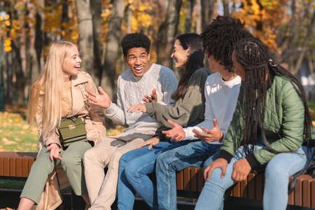 Black cheerful guy telling his multiracial friends funny story, spending time together in public parkの写真素材
