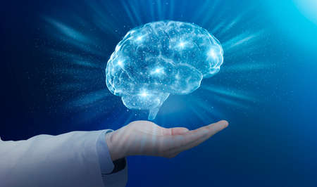 Closeup of male doctors hand holding lightened human brain on open palm over blue, creative image...