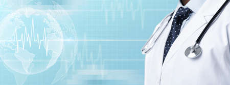 Cropped of therapist chest with stethoscope, cardiogram and globe, blue background, panorama, illustration for heart disease conceptの写真素材