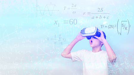Futuristic Education And E-Learning. Amazed Schoolboy Wearing Virtual Reality Glasses Standing Over...