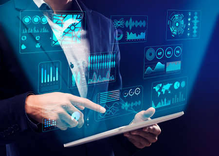 Business software. Businessman using digital tablet with interactive board, collage