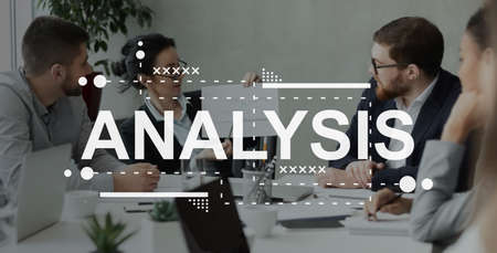 The Analysis word written on photo of group of people working and discussing plan in blurred...
