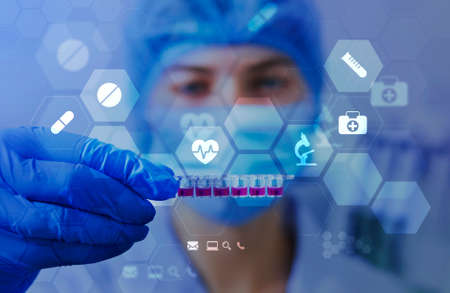 Modern laboratory tests and technologies. Woman in protective mask and latex gloves showing materials for blood testing, icons for medical and healthcare, collageの写真素材