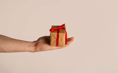 Millennial guy holding wrapped holiday gift on light background, closeup of hand. Panoramaの写真素材