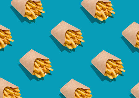 Lots Of French Fries In Paper Boxes Over Blue Background, Geometric Seamless Design, Creative Repeat...