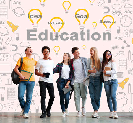 Education Concept. Happy Students Standing Together Posing Over White Studio Background. Collage With Wordsの写真素材